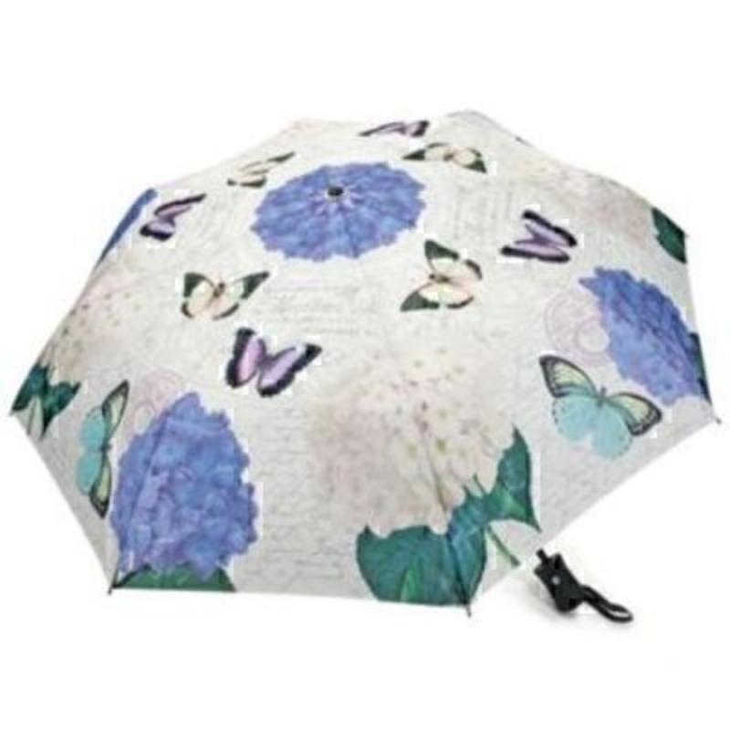 Coynes Butterfly and Hydrangea Folding Umbrella By Blooming Brollies. 3 section folding, fully automatic open/close umbrellas with a matching sleeve. Brought to life with a bright, elegant canopy! Delicate and enchanting umbrellas with automatic opening